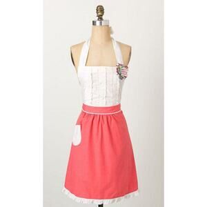 Anthropologie Pink White coral Tea and crumpets ruffle Apron Cotton Stitching
